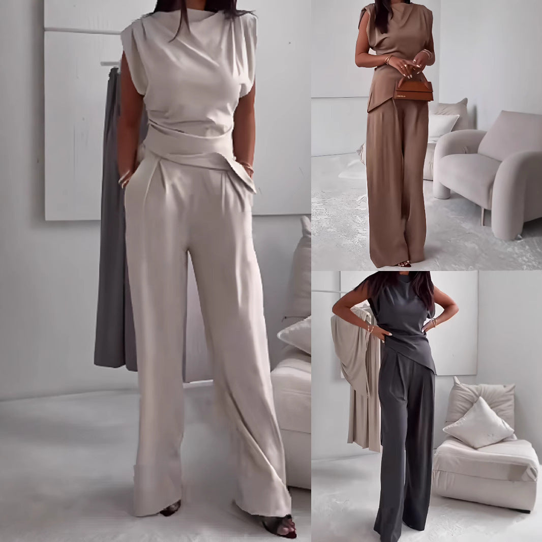 Women's Two-Piece Suit Set - Sleeveless Top & Straight Pants