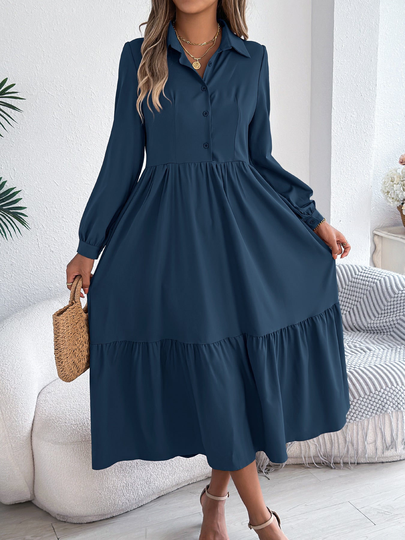 Women's Lapel Shirt Dress - Long Sleeve Ruffled Button-Down Dress