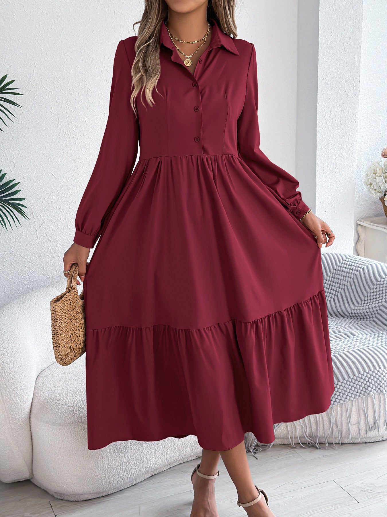 Women's Lapel Shirt Dress - Long Sleeve Ruffled Button-Down Dress