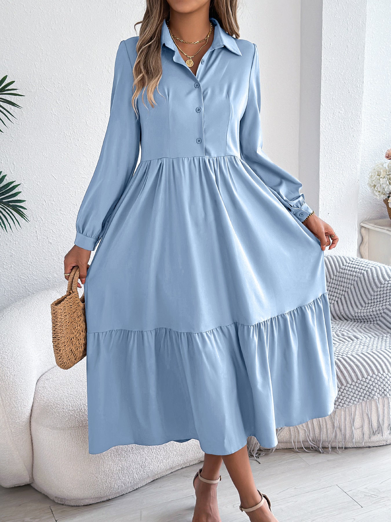 Women's Lapel Shirt Dress - Long Sleeve Ruffled Button-Down Dress