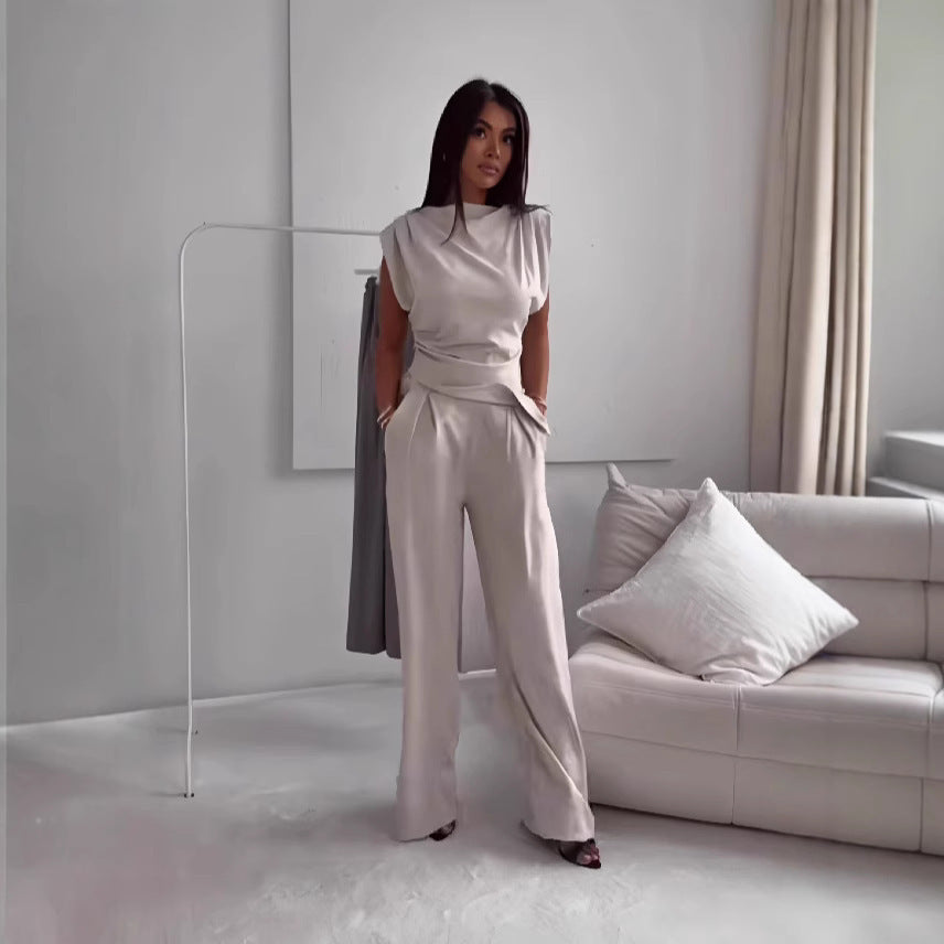Women's Two-Piece Suit Set - Sleeveless Top & Straight Pants