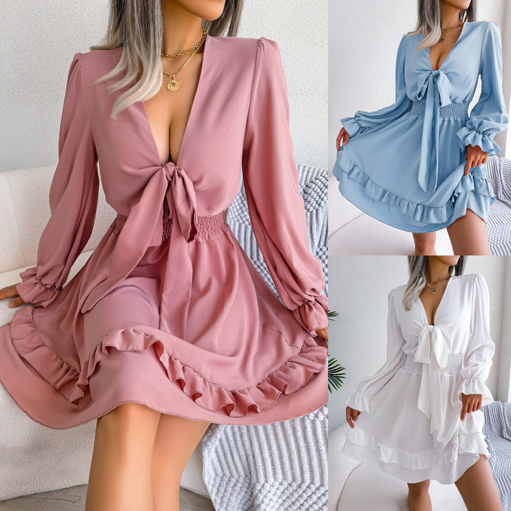 Women's Summer V-Neck Dress - Long Sleeve A-Line Beach Dress
