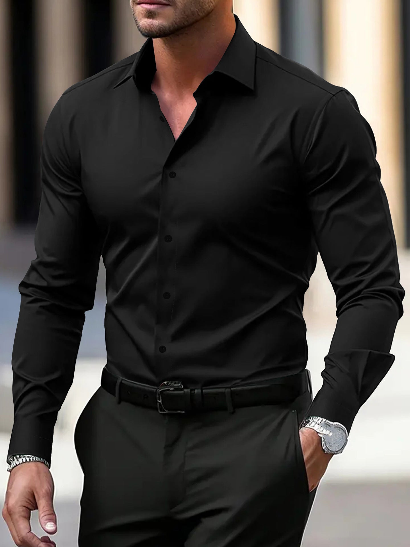 Men's Business Button-Down Shirt - Long Sleeve Solid Color