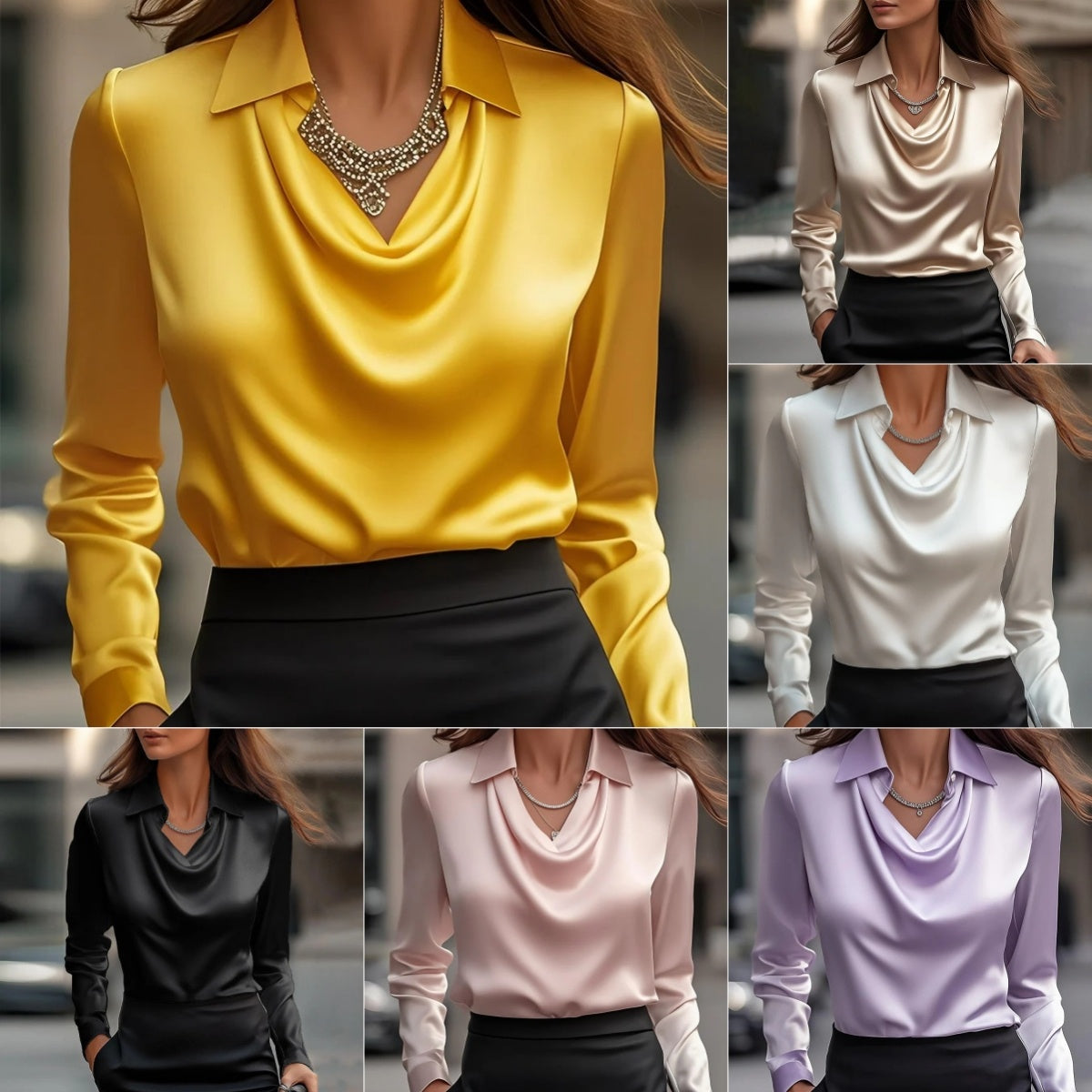 Women's Satin Blouse - Elegant Swing Collar Office Top