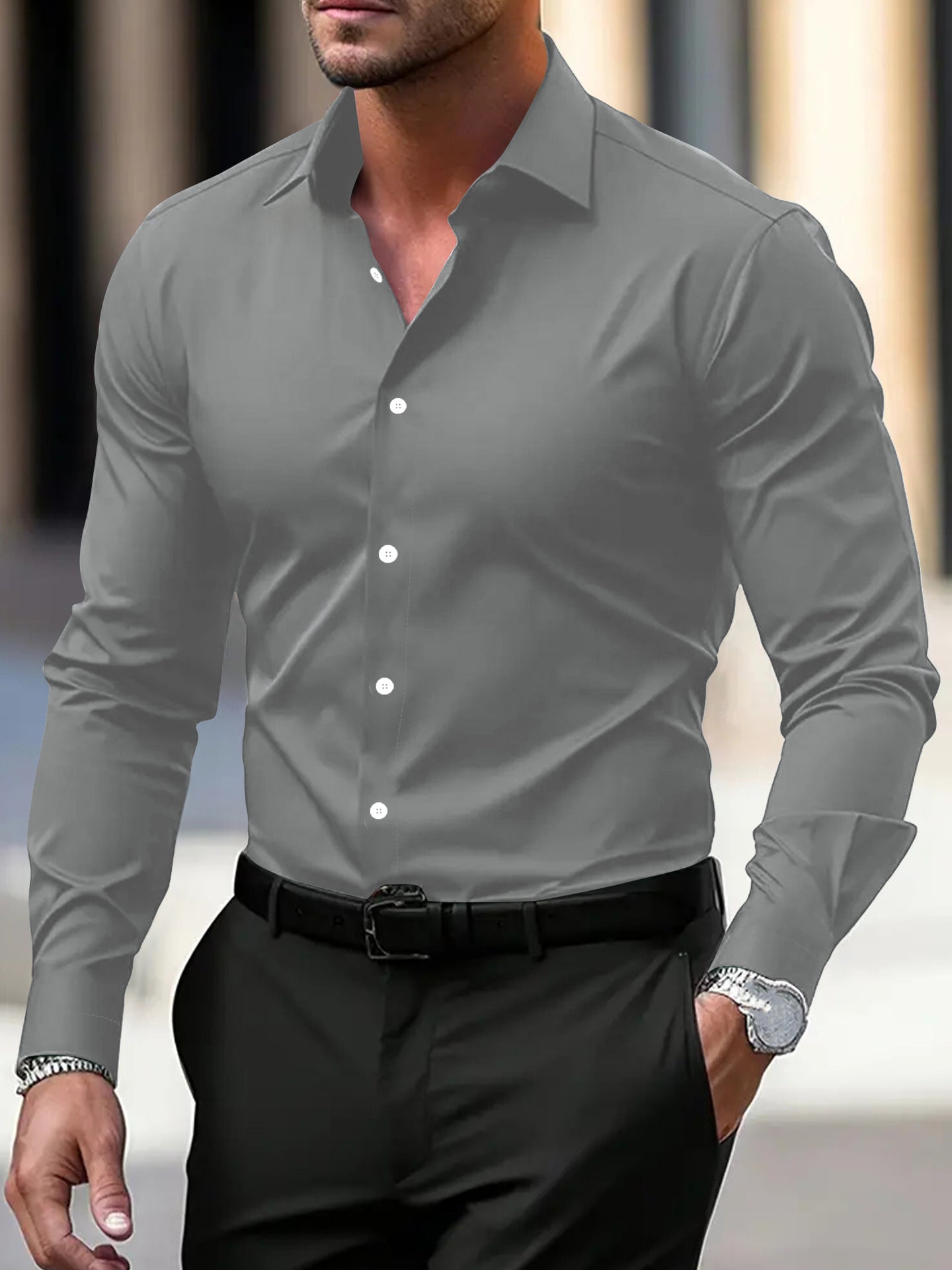 Men's Business Button-Down Shirt - Long Sleeve Solid Color