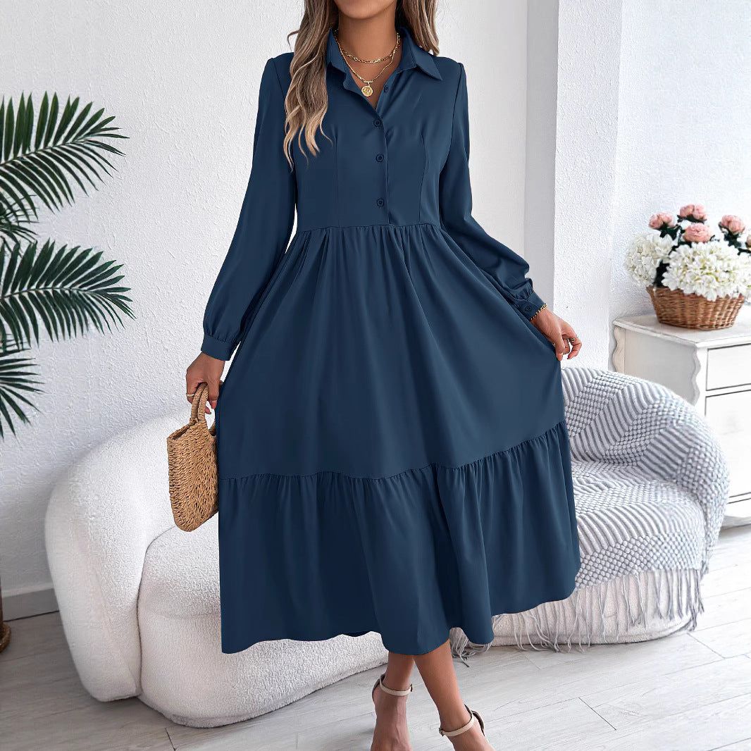 Women's Lapel Shirt Dress - Long Sleeve Ruffled Button-Down Dress