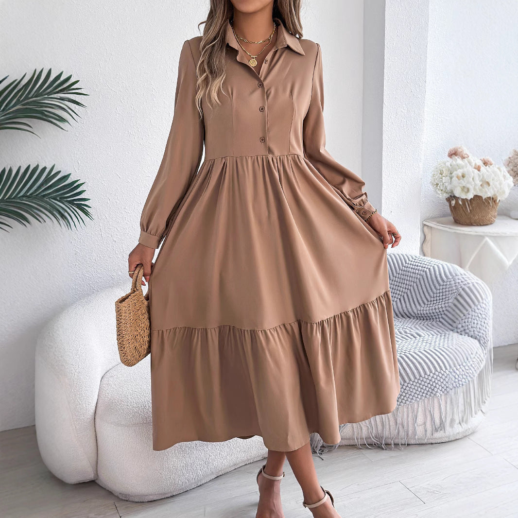 Women's Lapel Shirt Dress - Long Sleeve Ruffled Button-Down Dress