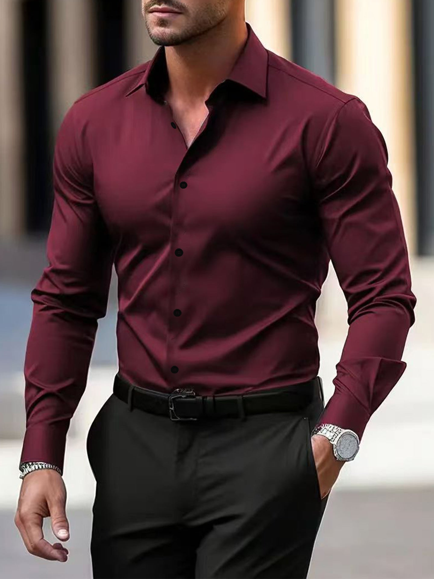 Men's Business Button-Down Shirt - Long Sleeve Solid Color