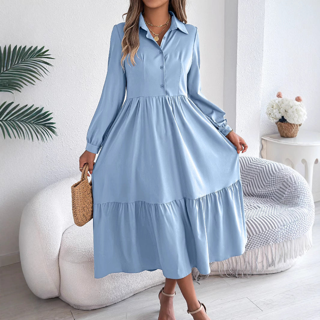 Women's Lapel Shirt Dress - Long Sleeve Ruffled Button-Down Dress
