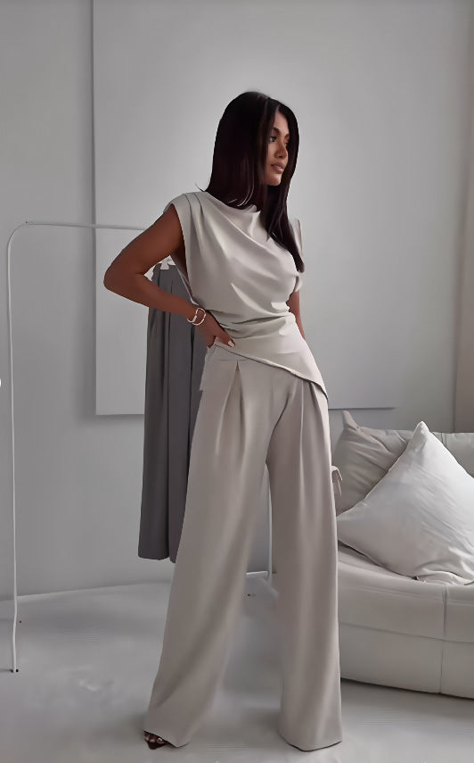 Women's Two-Piece Suit Set - Sleeveless Top & Straight Pants