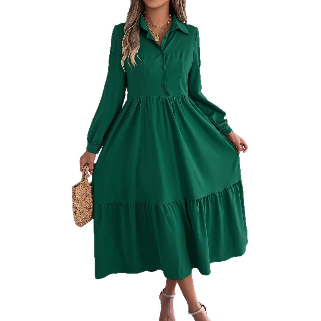 Women's Lapel Shirt Dress - Long Sleeve Ruffled Button-Down Dress