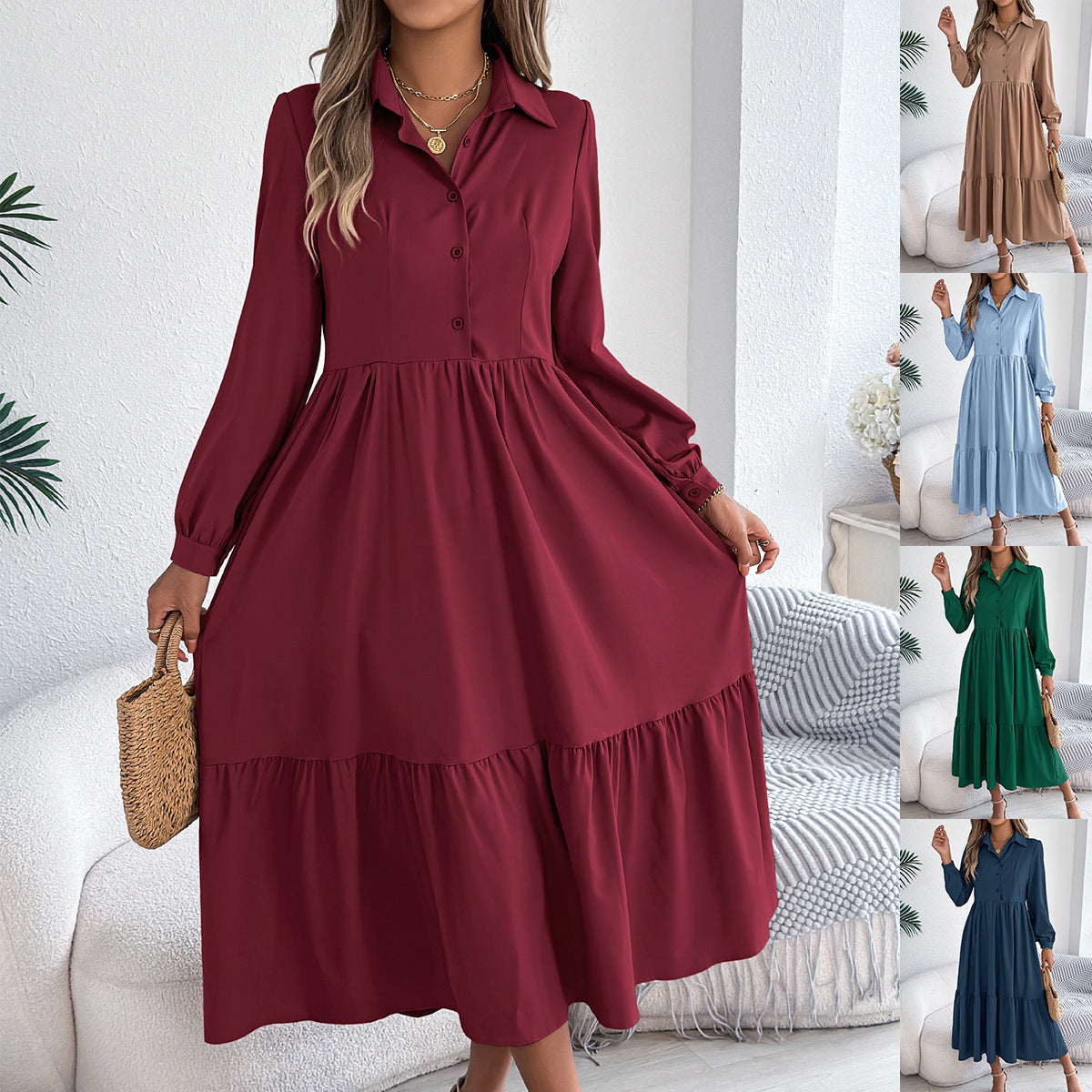 Women's Lapel Shirt Dress - Long Sleeve Ruffled Button-Down Dress
