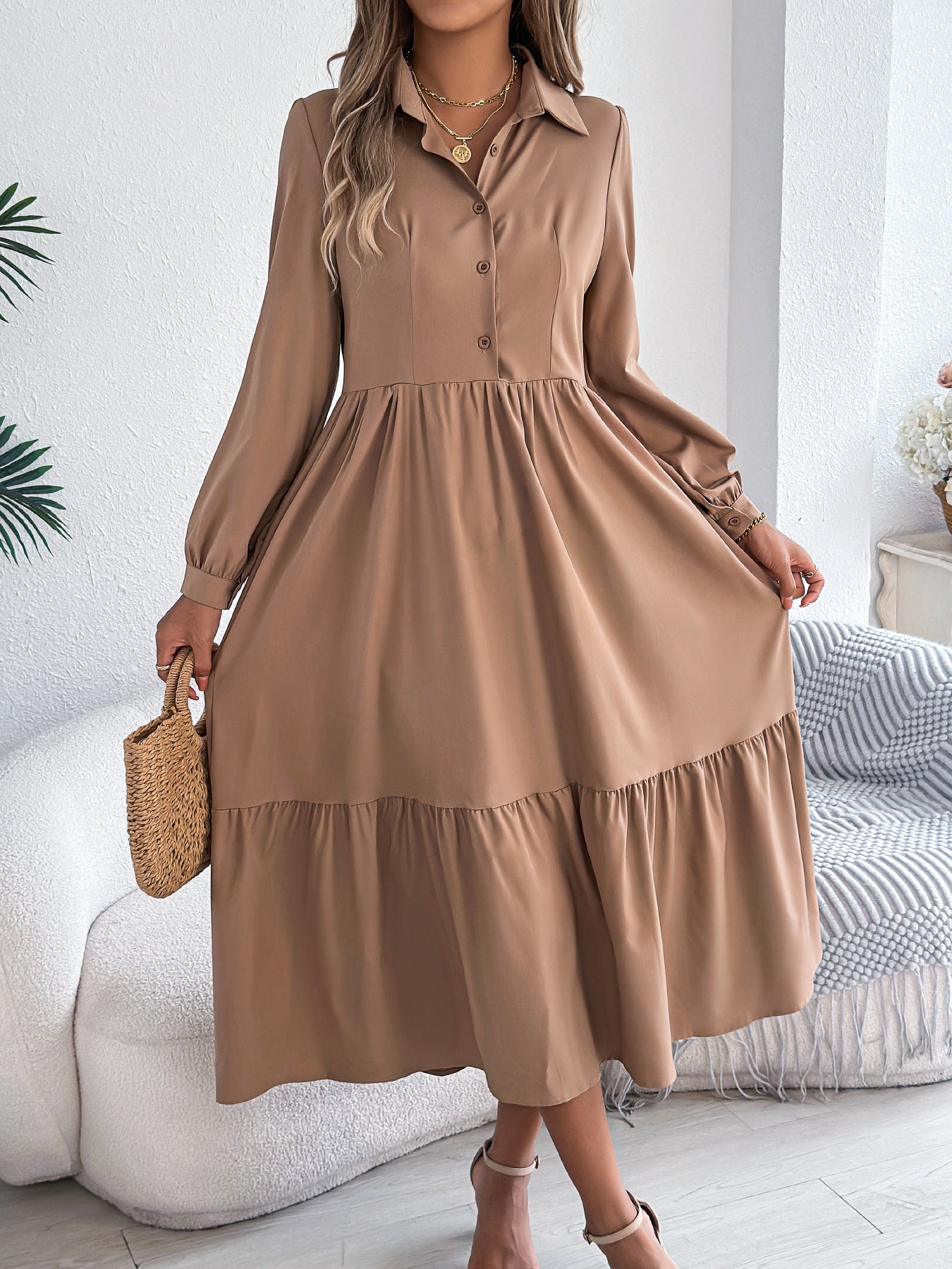 Women's Lapel Shirt Dress - Long Sleeve Ruffled Button-Down Dress