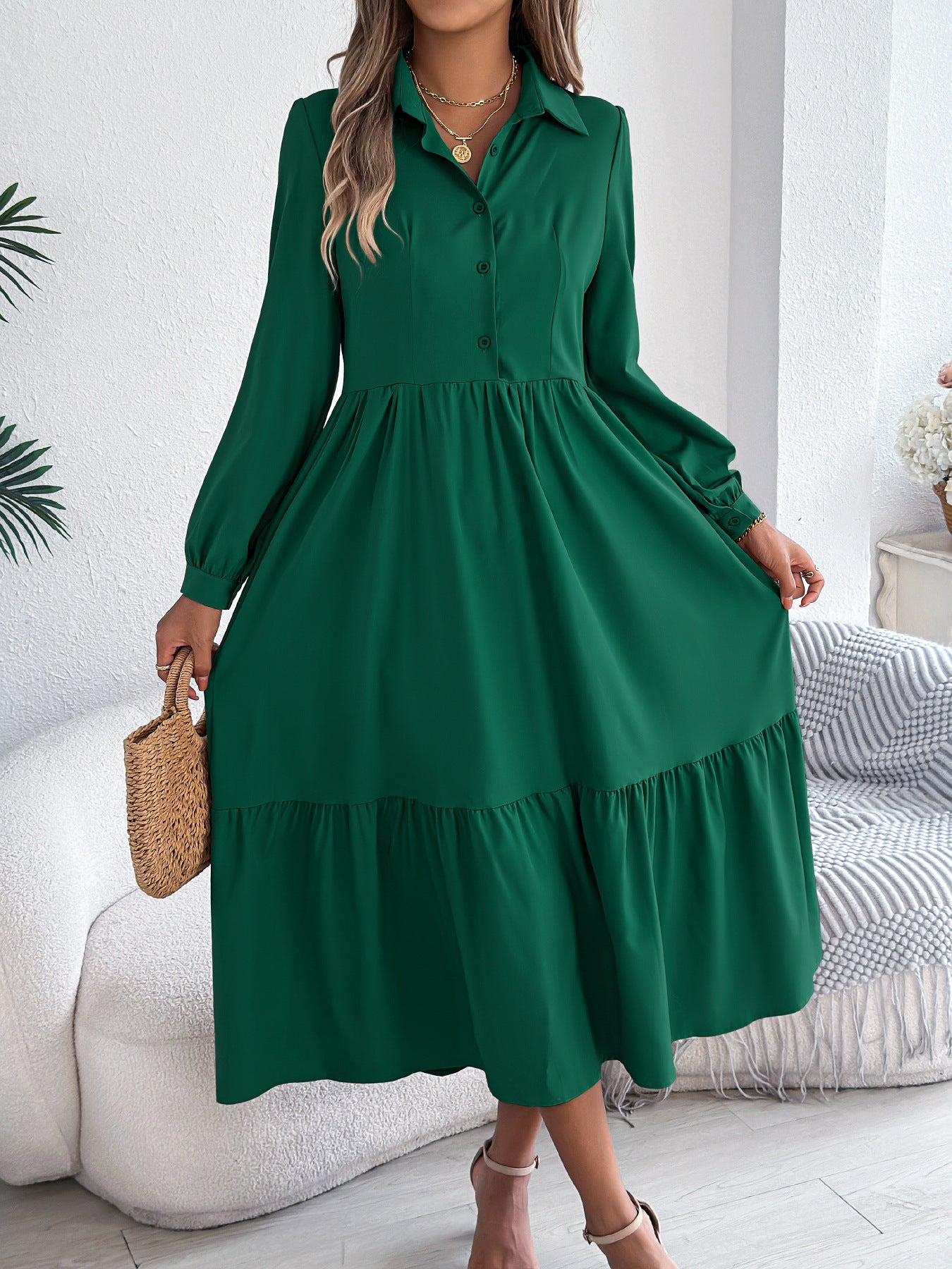 Women's Lapel Shirt Dress - Long Sleeve Ruffled Button-Down Dress
