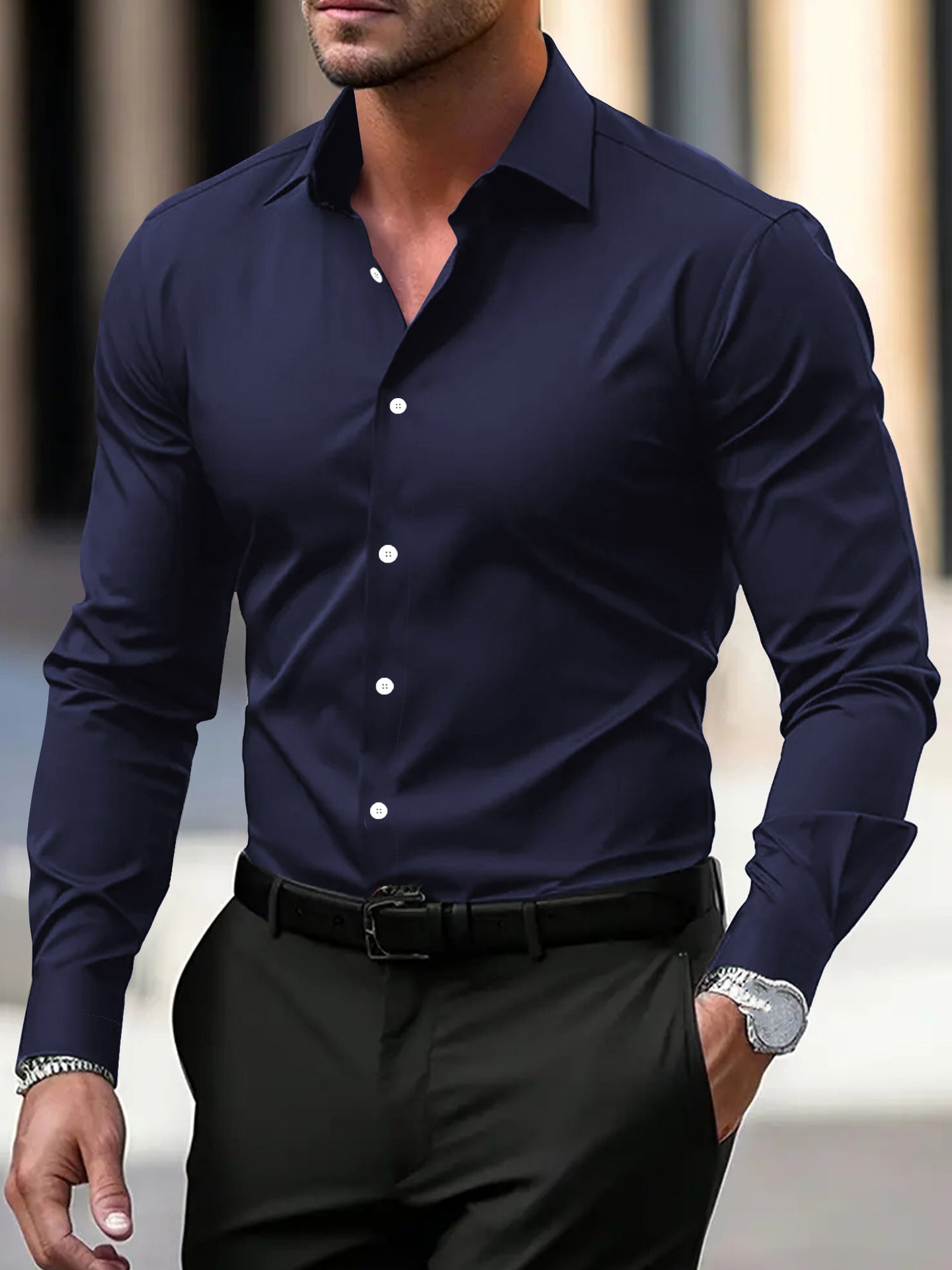 Men's Business Button-Down Shirt - Long Sleeve Solid Color