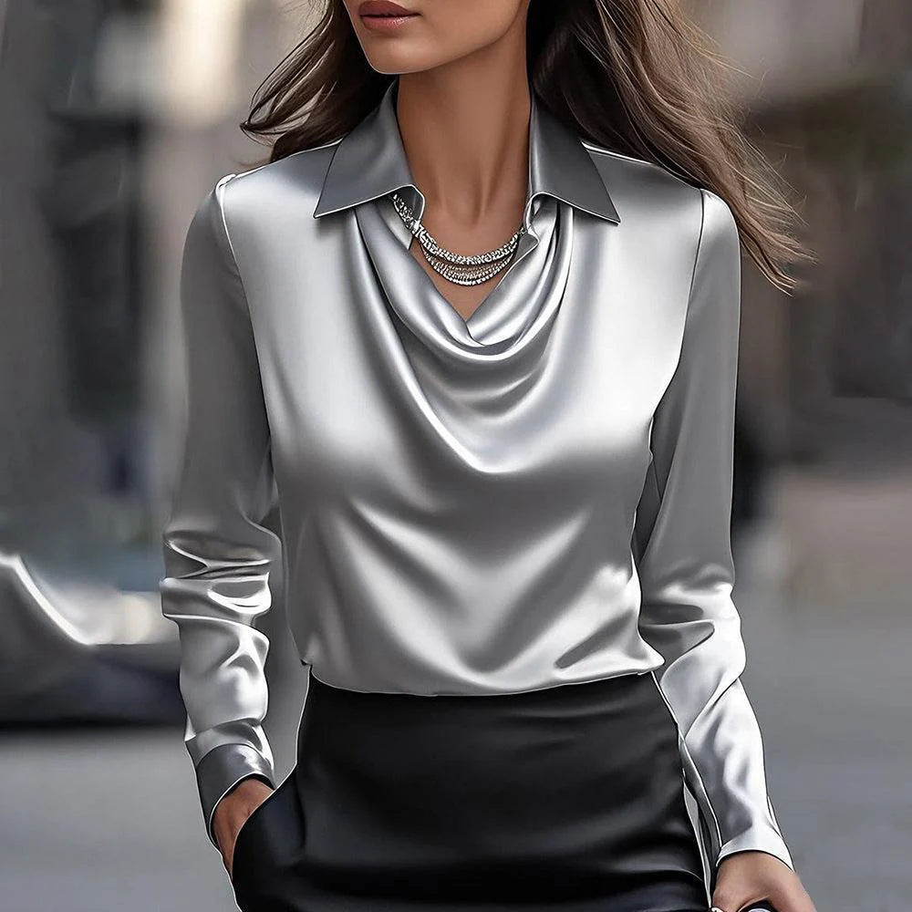 Women's Satin Blouse - Elegant Swing Collar Office Top