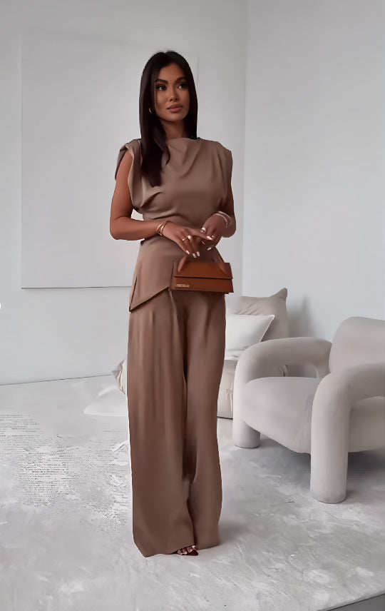 Women's Two-Piece Suit Set - Sleeveless Top & Straight Pants