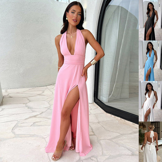 Women's Halterneck Slit Dress - Backless Summer Party Dress
