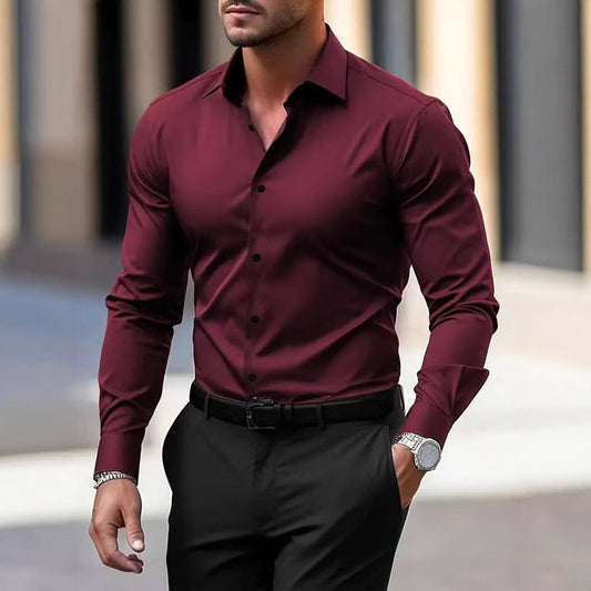 Men's Business Button-Down Shirt - Long Sleeve Solid Color