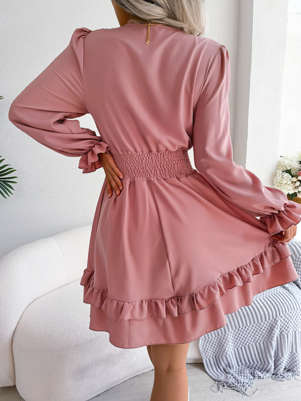 Women's Summer V-Neck Dress - Long Sleeve A-Line Beach Dress